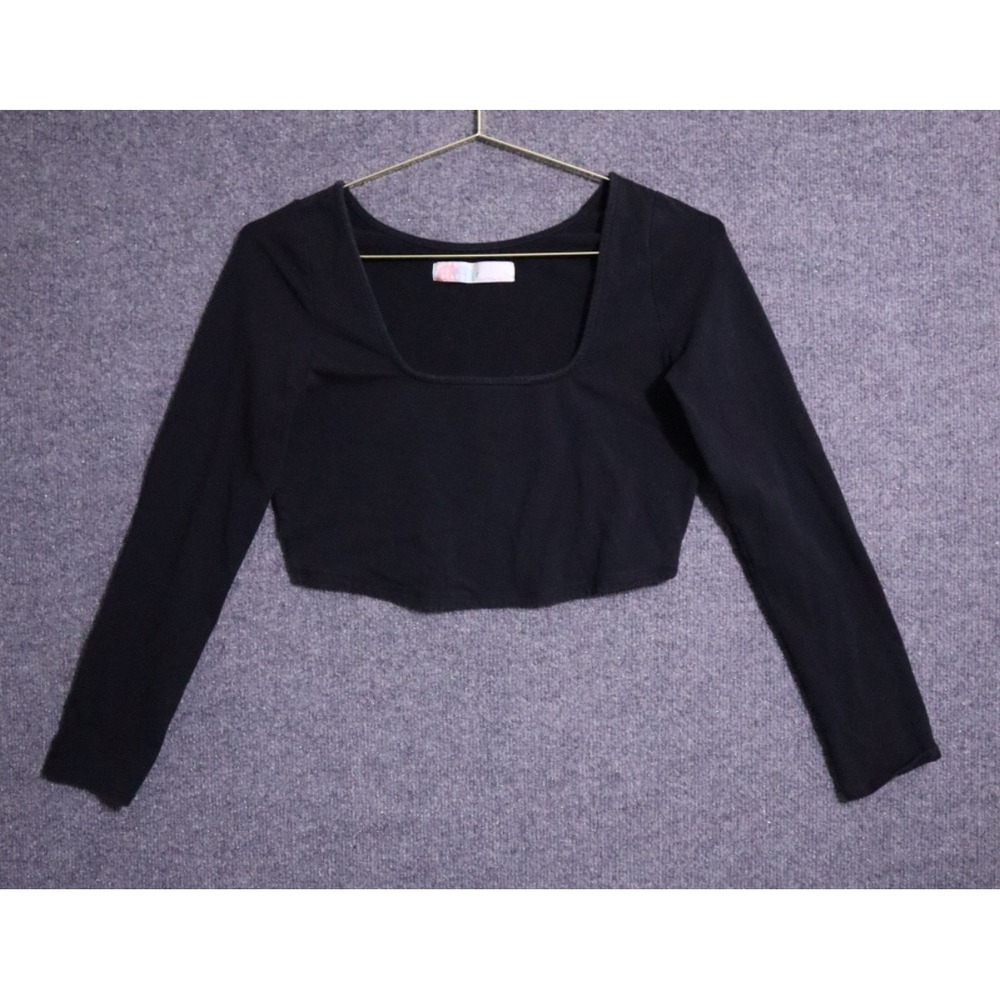 Free People Shirt Women L Faded Black Shenanigans Long Sleeve Crop Square Neck